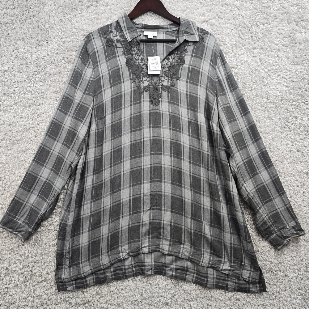 J. Jill Plaid Tunic Women XL Grey Embroidered V-Neck Boho Cottagecore